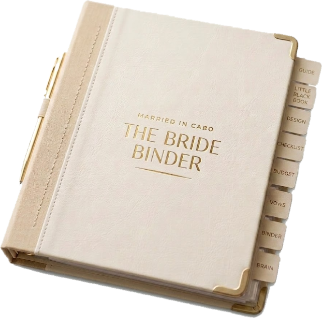 The Bride Binder — ivory leather with gold foil title and seven thumb tabs